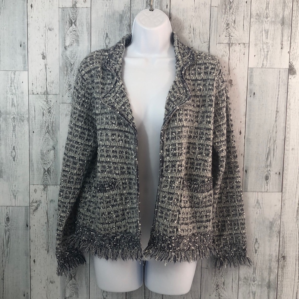 Sioni Nubby Knit Open Front Fringed Cardigan Medium